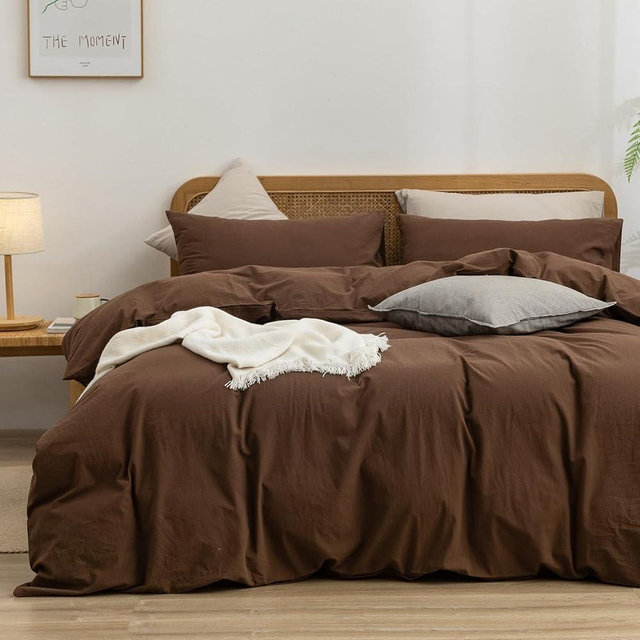 BESTOUCH Duvet Cover Set 100% Washed Cotton Linen Feel Super Soft Comfortable Chic Lightweight 3 PCs Home Bedding Set Solid Cocoa Brown Queen