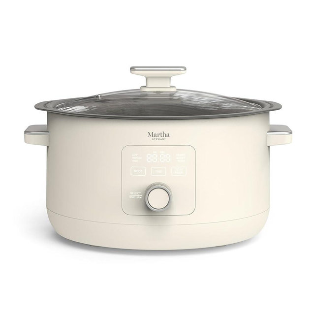 Martha Stewart 8 Quart Slow Cooker, Ceramic Nonstick Removable Bowl, Programmable with Timer, Stovetop & Oven Safe, 3 Temperature Settings, Simmer, Reheat, Warm, Glass Lid, Cool Touch Handles, Linen