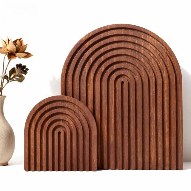 Nawwoo 2 Pcs Dark Brown Wood Arch Decor, Boho Shelf & Serving Board for Fireplace Mantel, Kitchen Counter - Vintage Espresso Finish, Mid Century Modern Farmhouse Accents for Living Room, Home Office