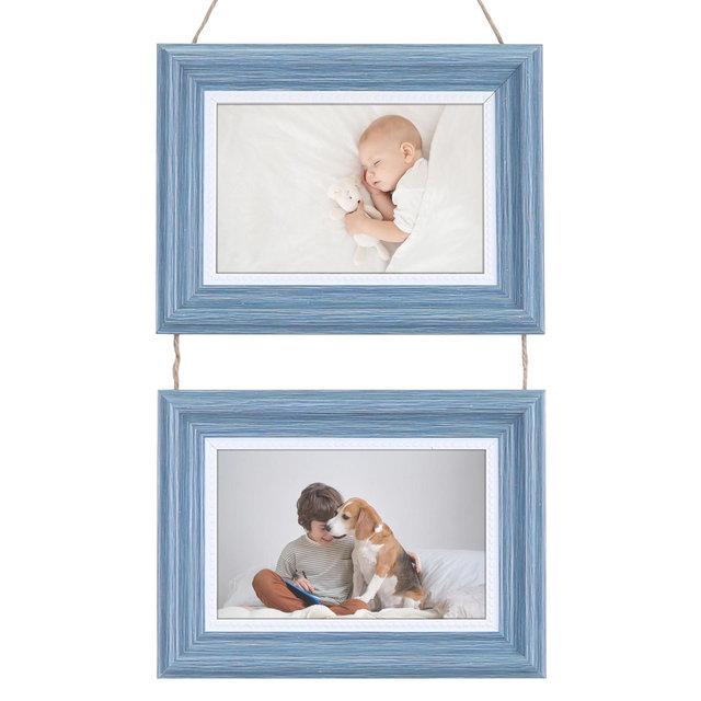 REGALWOVEN Wall Decor Hanging Collage Picture Photo Rustic Frame with Rope 1 Pc Blue Two Horizontal 4x6