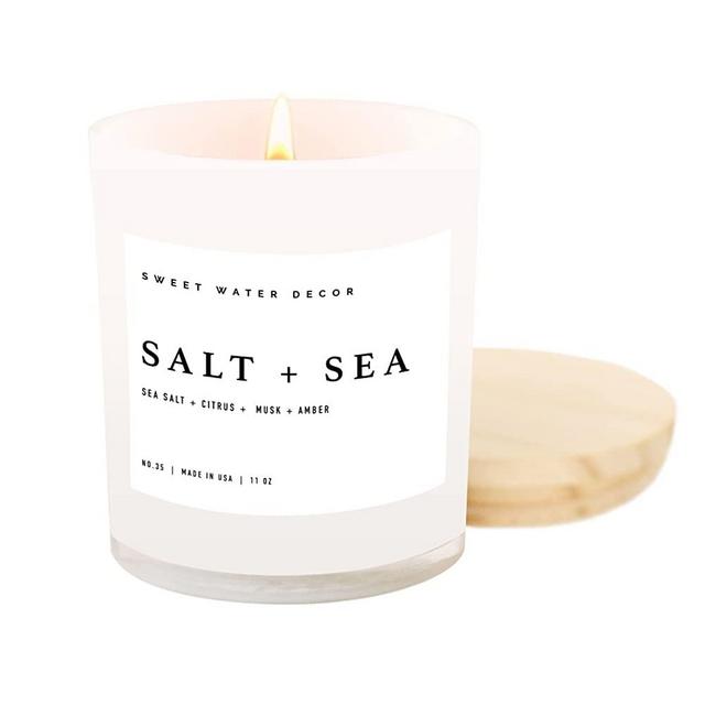 Sweet Water Decor Salt + Sea Candle | Sea Salt, Citrus, Amber, Musk, Beach Scented Soy Candles for Home | 11oz White Glass Jar + Wood Lid, 60 Hour Burn Time, Made in the USA