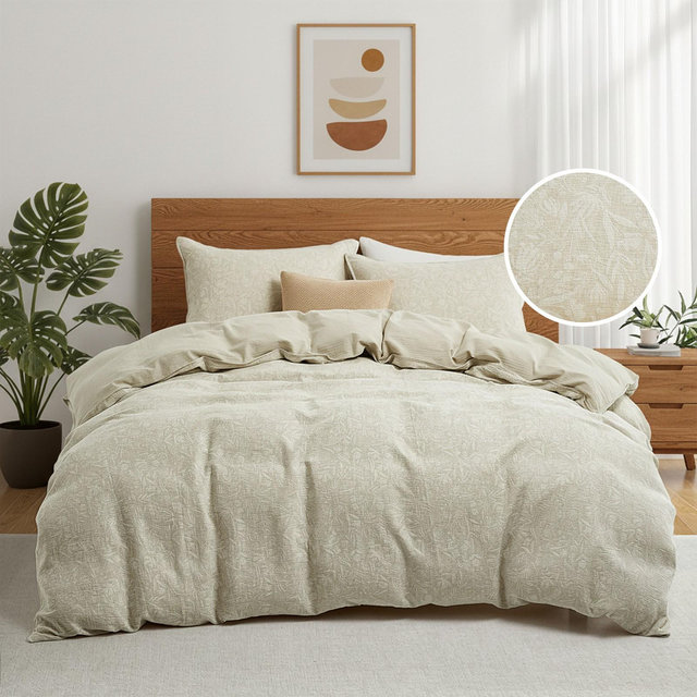 Peace Nest Floral Jacquard Cotton Linen Blend Duvet Cover Set, 3 Piece Bedding Set with Pillow Shams, Floral, Full/Queen
