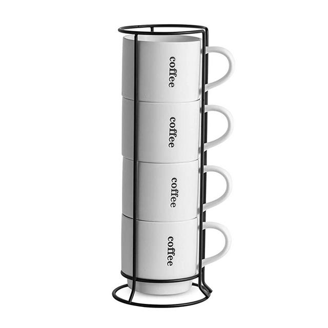 Stackable Coffee Mugs with Rack- 15 Ounce for Coffee, Tea, Cocoa, Milk, Set of 4 Matte,White
