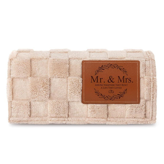 GoMelley Wedding Gifts for Couples, Bridal Shower Gifts for Bride, Soft Cotton Fleece 3D Checkered Leather Label Throw Blanket, Anniversary Engagement Mr and Mrs Gift, 60”× 50”