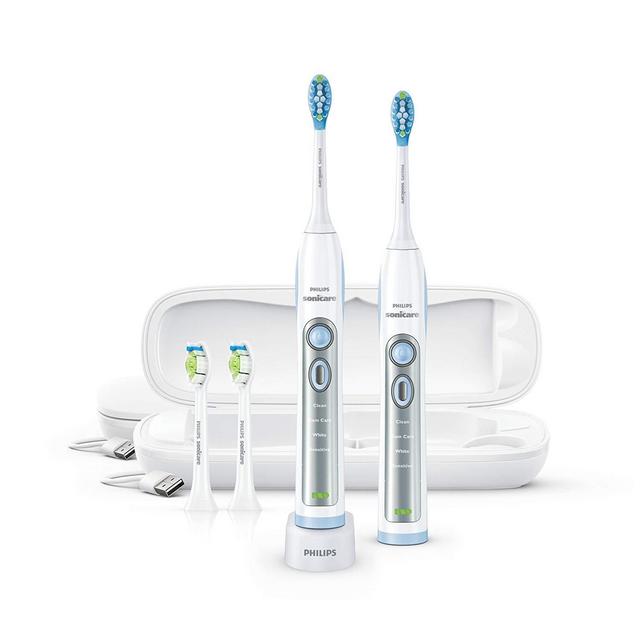 Philips Sonicare FlexCare Whitening Edition Rechargeable Toothbrush Premium 2-Pack Bundle HX6964/77 (2 FlexCare Handles, 2 DiamondClean 2 Plaque Control Brush Heads, 2 USB Charging Travel Cases)