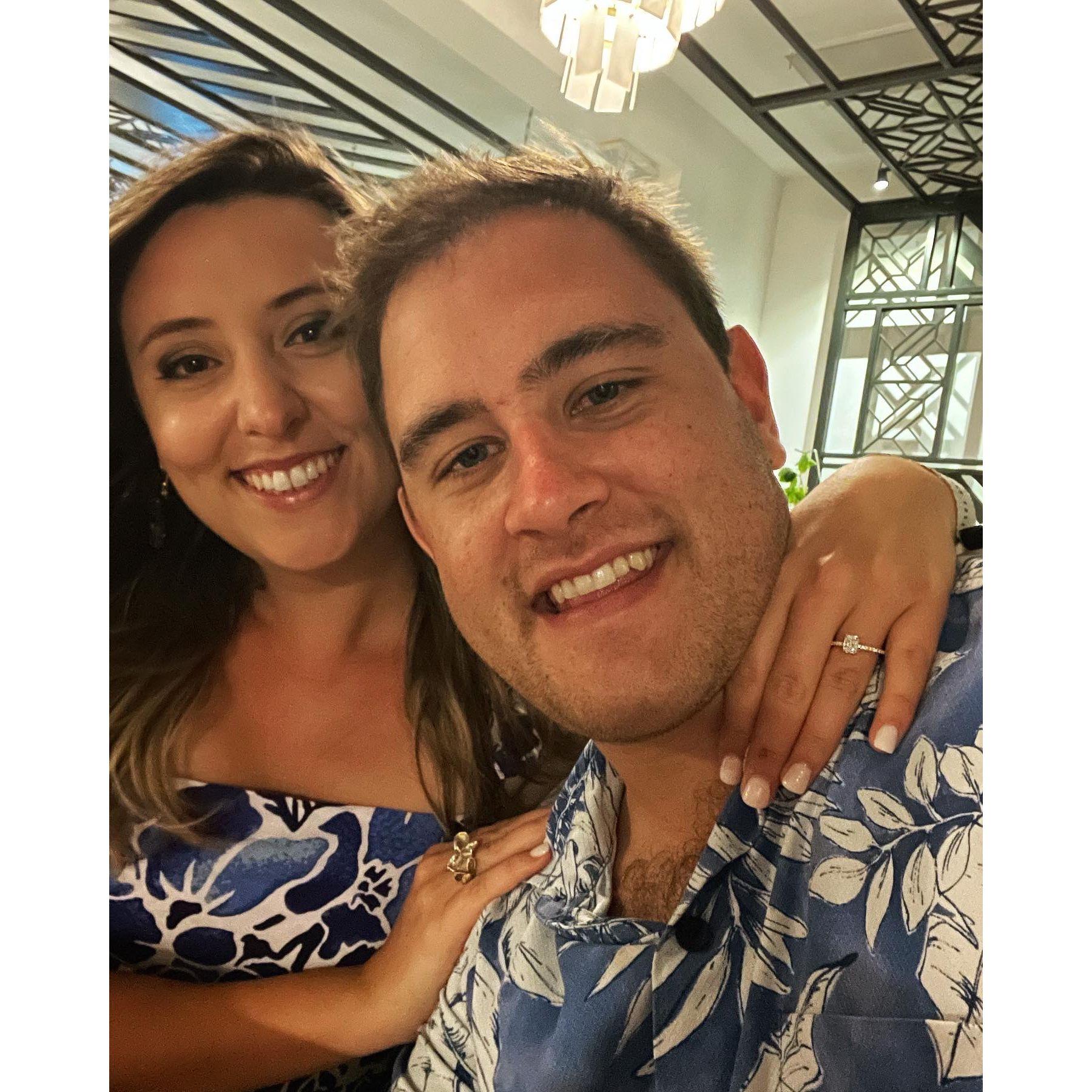 A couple hours after Jordan said 'YES' to Fred's proposal, they enjoy a romantic dinner at their resorts Mediterranean restaurant. The two are on Cloud 9!! Happiest day of their lives!