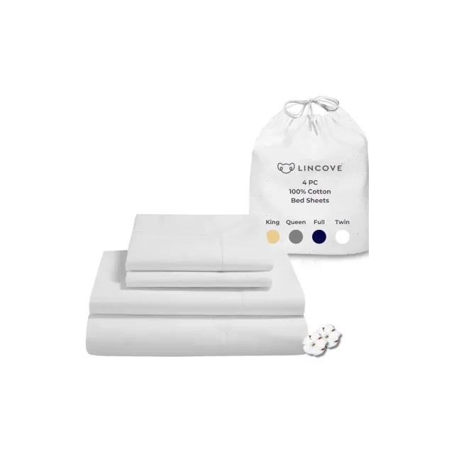 Lincove 400 Thread Count Cotton Sateen 4 Piece Sheet Set, 15" Deep Pockets, Includes 1 Fitted Sheet, 1 Flat Sheet, 2 Pillowcases, Queen - White