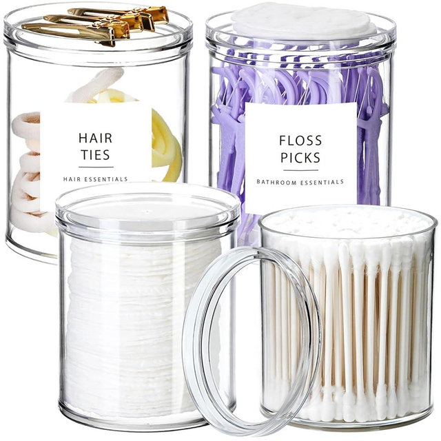 SheeChung Qtip Holder Dispenser Stackable Clear Plastic Container with Storage Lid Bathroom Essentials Decor, Vanity Makeup Storage Organizer for Cotton Swabs, Cotton Balls (4pack 10oz&12oz)