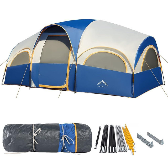 GoHimal 8 Person Tent for Camping, Waterproof Windproof Family Tent with Rainfly, Divided Curtain Design for Privacy Space, Portable with Carry Bag