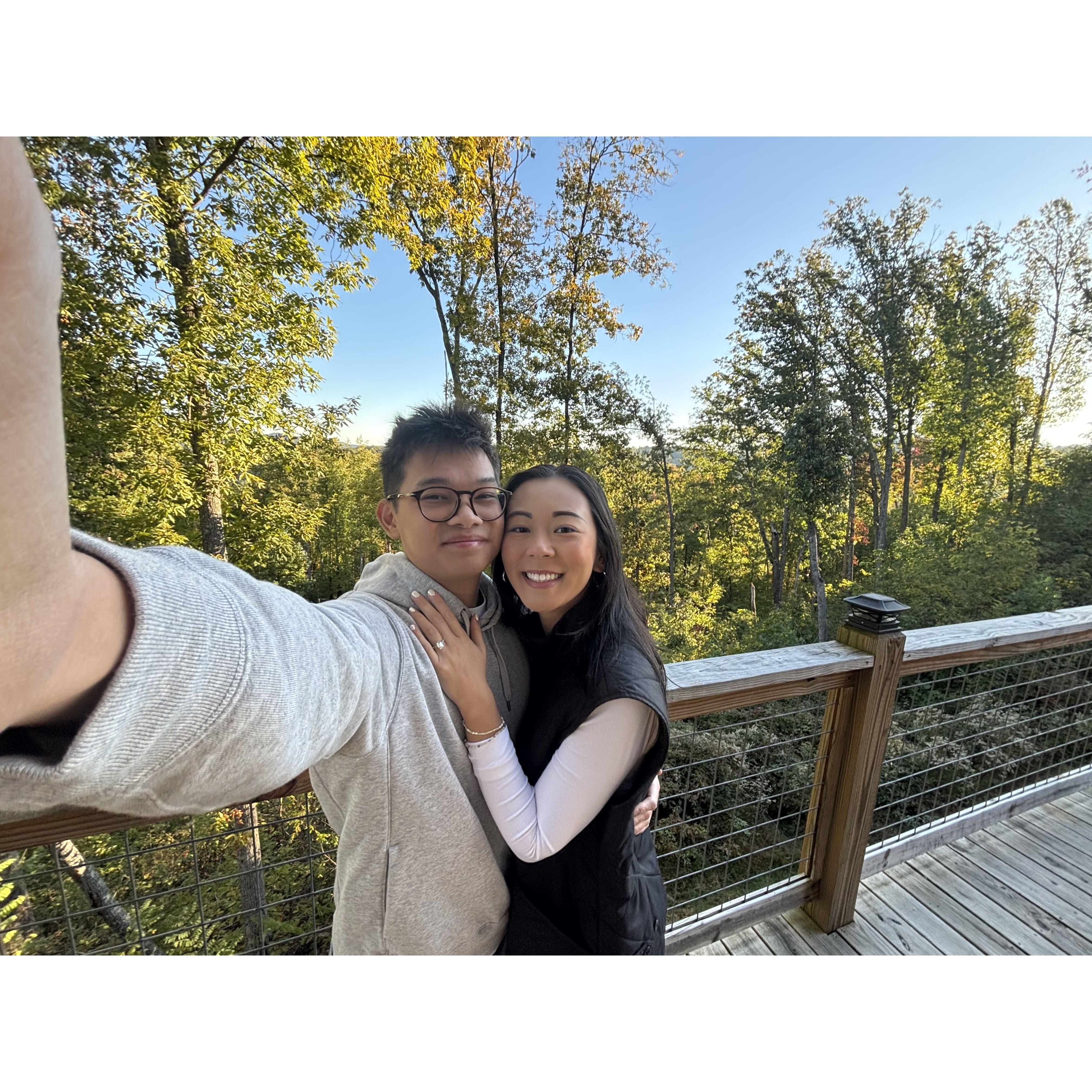 The day after we got engaged! Nam booked us a cabin for the weekend! Happy faces of two fiancés!
