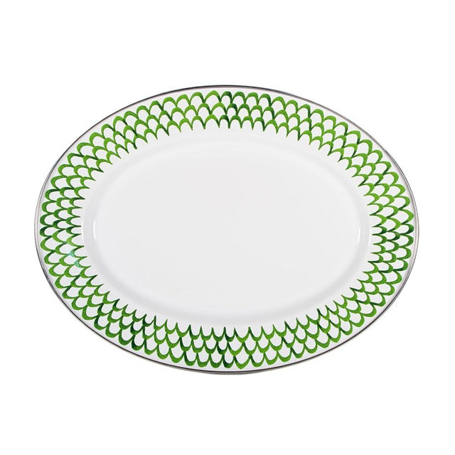 Golden Rabbit Enamelware - 12 x 16 Oval Platter (Green Scallop)