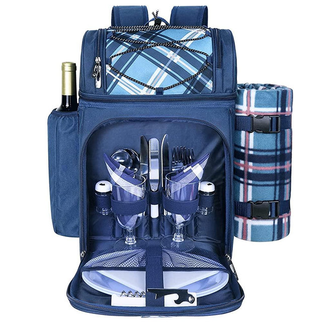Hap Tim Picnic Basket Backpack for 2 Person with Insulated Leak Proof Cooler Compartment,Wine Holder,Fleece Blanket,Cutlery Set,Perfect for Beach Camping Party,Gifts for Boys Girls,Blue (36083-BL)