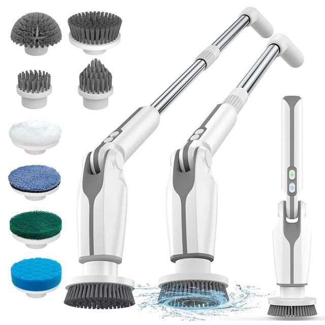Leebein Electric Spin Scrubber, 2024 Upgraded Electric Scrubber for Cleaning, Spin Scrubber with Long Handle & 8 Replaceable Brush Heads, Remote Control Shower Cleaner Brush for Bathroom, Floor(White)