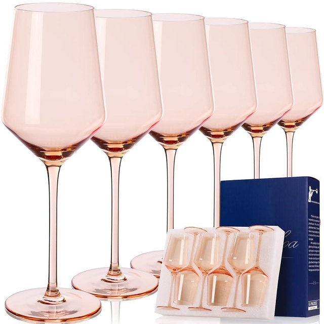 comfit Blush Pink Wine Glasses Set of 6-14 oz, Unfading Color, Hand-blown Wine Glasses, Pink Goblets, Pink Drinking Glassed - Wedding Engagement Gifts for Wine Lovers