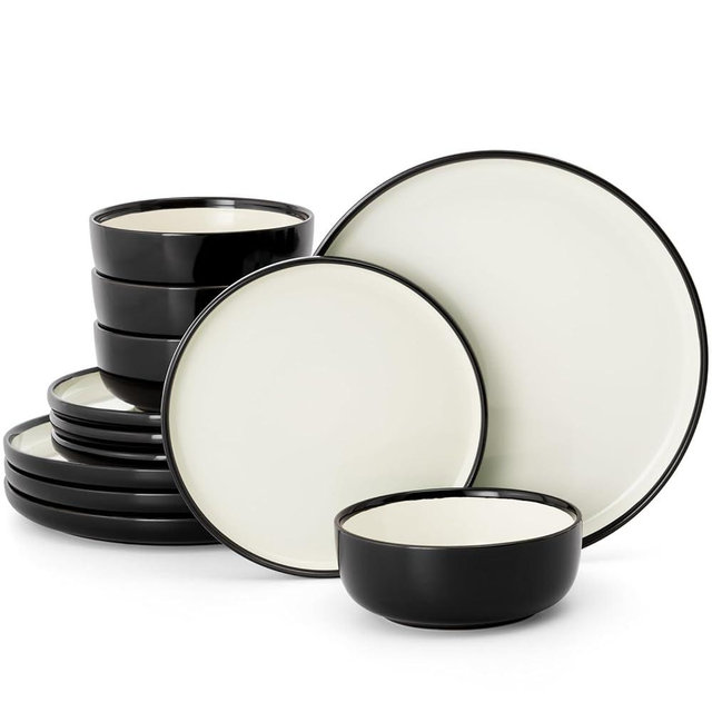 Famiware Lake MacDonnell Plates and Bowls Set for 4, 12 Pieces Dinnerware Sets, Handcrafted, Stoneware Dishes Set, Black and Beige