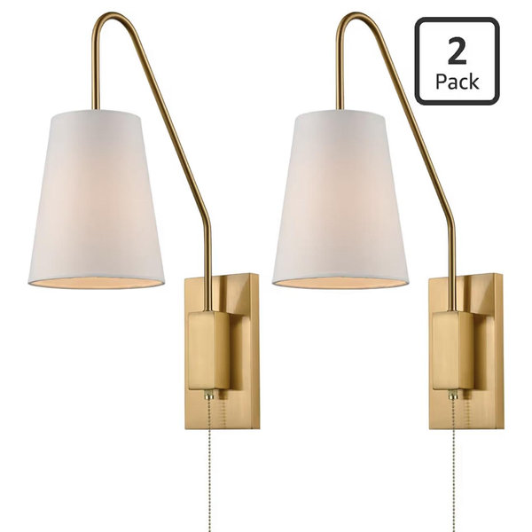 Modern Brass Plug-in Wall Sconces Set of Two Fabric Shade Bedroom Wall Lamp with Pull Chain Switch