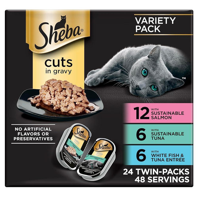 Sheba Perfect Portions Wet Cat Food Cuts in Gravy, with Sustainable Salmon, with Sustainable Tuna, and Delicate White Fish & Tuna, 2.6 oz. Twin-Pack Trays (24 Count, 48 Servings)