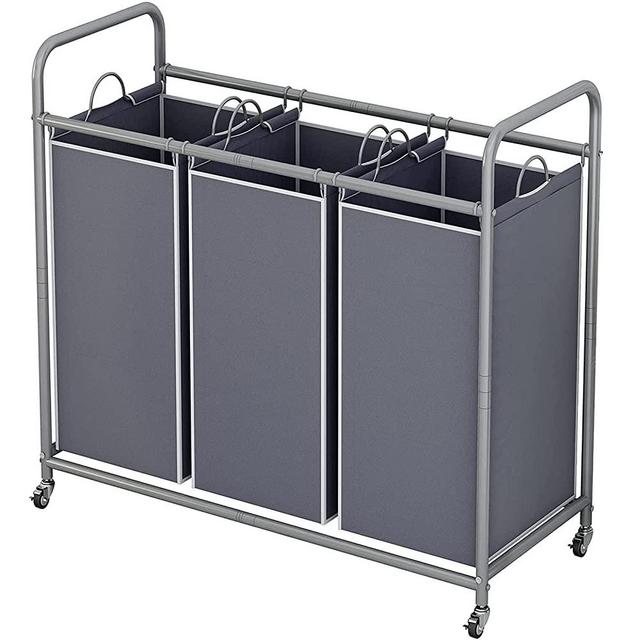 LINZINAR 3-Bag Laundry Sorter,Laundry Hamper Cart with Heavy Duty Rolling Lockable Wheels and Removable Bags (Grey)