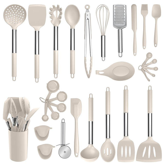 E-far Silicone Cooking Utensils Set, 30 Pcs Heat Resistant Kitchen Utensils with Stainless Steel Handle, Heat Resistant Kitchen Spatulas Turner Tong Spoon Whisk Ladle for Nonstick Cookware, Khaki