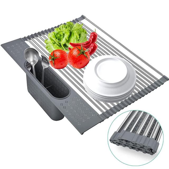 Techsea roll-up-Dish Drying Rack,Multipurpose Heat Resistant Over-The-Sink Dish Drying Rack, Stainless Steel Kitchen Sink Drying Rack (17" x 15.2")