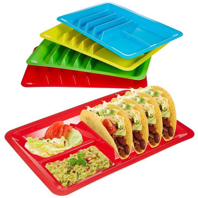 Uiifan 4 Pcs Plastic Taco Plates for Mexican Party Fiesta Taco Holder with 4 Stand up Holder and 2 Dipping Areas Colorful Taco Trays for Taco Night, Taco Tuesday Microwave Dishwasher Safe