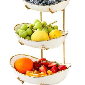 3 Tier Fruit Basket with Metal Stand- Gold Rimmed