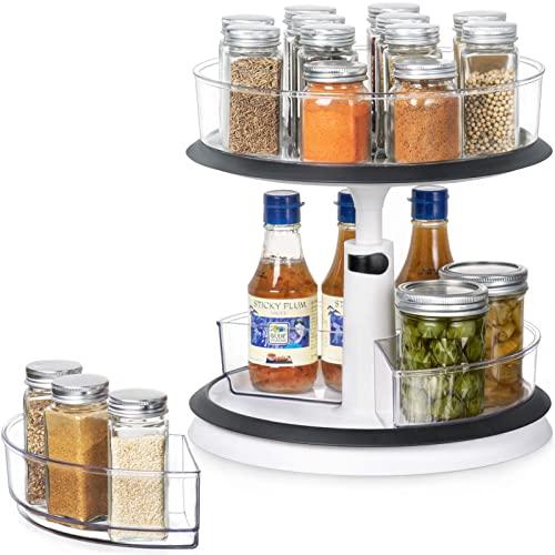 2 Tier Lazy Susan - Height Adjustable Plastic Spinning Cabinet Organizer Clear Round Turntable Large Spice Rack with Removable Storage Bins for Pantry Kitchen Fridge Vanity Bathroom Countertop Makeup