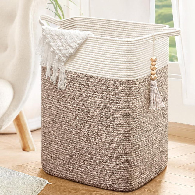 Goodpick Laundry Basket, Blanket Basket Living Room, Large Laundry Hamper, Clothes Hampers for Laundry Room, Tall Basket, Slim Woven Laundry Basket, Storage Basket for Toys, Towels, 16x13x22in, Jute