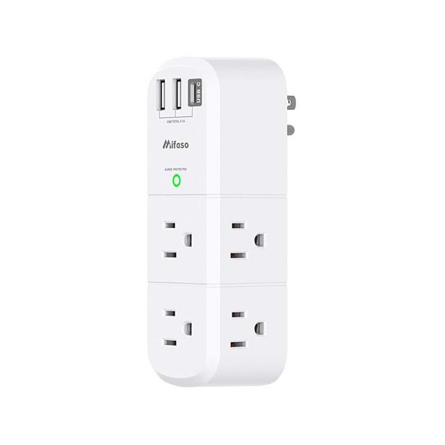 USB Outlet Extender Surge Protector - with Rotating Plug, 6 AC Multi Plug Outlet and 3 USB Ports (1 USB C), 1800 Joules, 3-Sided Swivel Power Strip with Spaced Outlet Splitter for Home, Office, Travel
