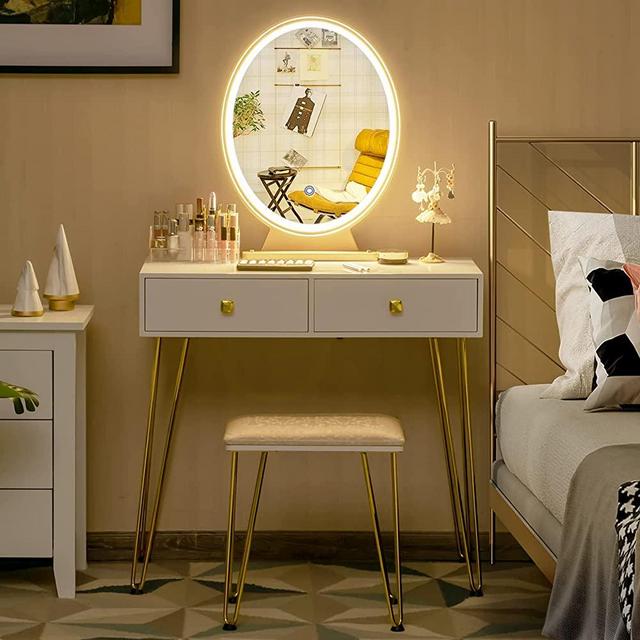 CHARMAID Vanity Set with Lighted Mirror, 3-Color Touch Screen Dimmable Mirror, 2 Drawers, Additional Storage Organizer, Bedroom Makeup Dressing Table with Cushioned Stool (White)