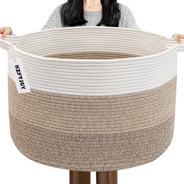 HZFTJOY 115L Extra Large Blanket Basket,Woven Rope Laundry Basket Hamper with Handles, Decorative Nursery Basket Storage Bin for Toys, Clothes Organizer, Living Room, Bedroom, Bathroom, Brown