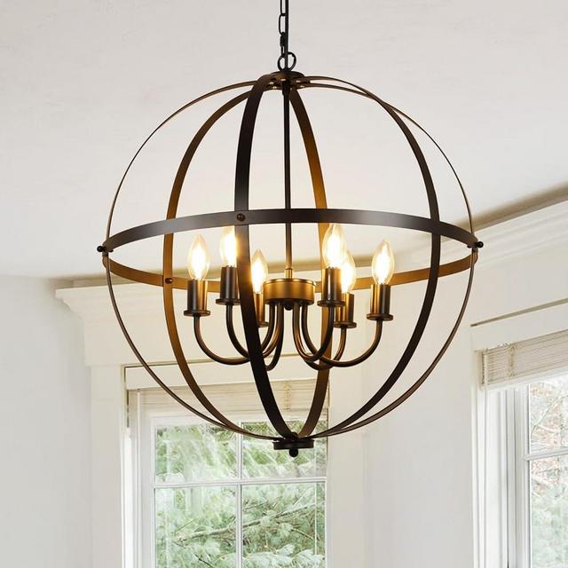DLLT 6-Light Orb Chandelier, Black Globe Pendant Light Fixtures, Industrial Sphere Pendant Lighting Over Island, Adjustable Hanging Light with Metal Cage for Dining Room, Foyer, E12 Bulbs Not Included