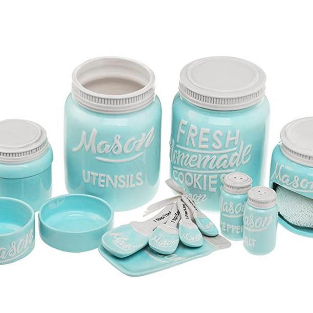 Mason Jar Kitchenware Set - Vintage Ceramic Kitchen Accessories - Measuring Cups and Spoons, Spoon Rest, Salt and Pepper Shakers, Sponge Holder, Cookie Jar, Utensil Crock - Aqua Blue, 17-Piece Set