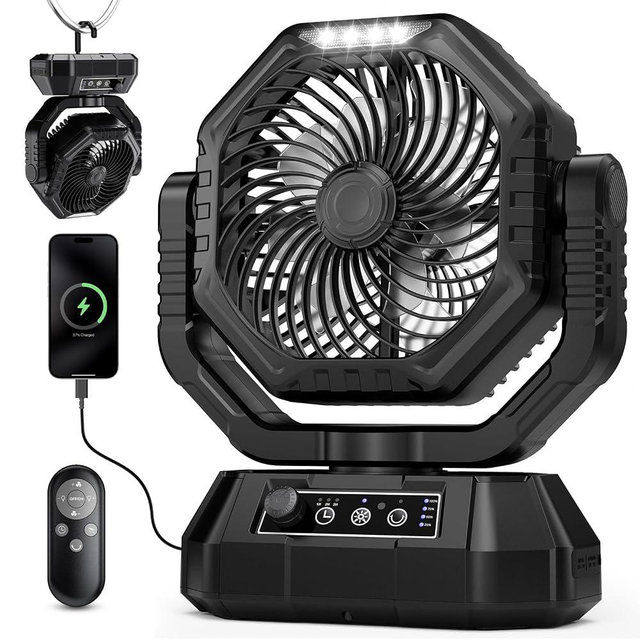 AJVV Camping Fan with Light, Remote and Oscillation, Battery Powered Hanging Tent Fan, Rechargeable Portable for Camp, Outdoor, Emergencies, Fishing, RV Travel, Jobsite
