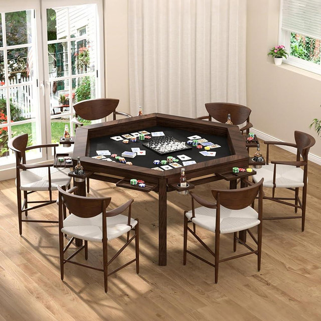 Yardenaler Board Game Table with Removable Table Top, Gaming & Dining Table for 4 to 6 Players,Includes Leatherette Play Mat, Detachable Sliding Cup Holders & Detachable Sliding Trays