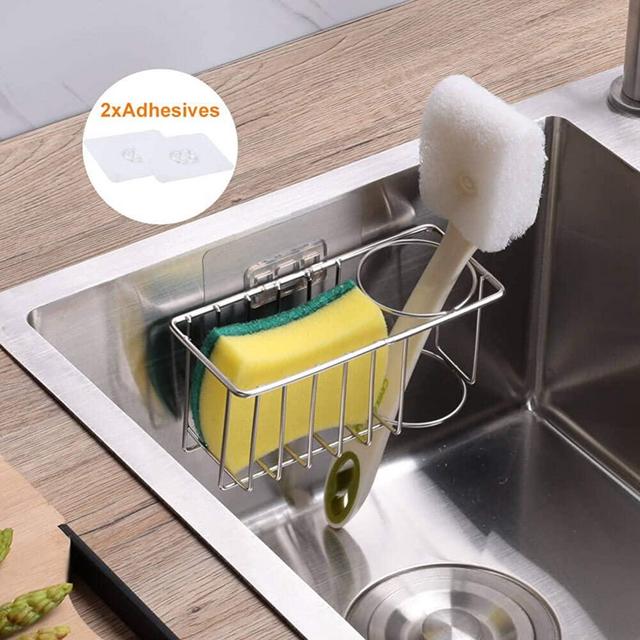 Sink Organizer Caddy Brush Holder-Sponge Holder for Kitchen Sink Caddy, 2 in 1 Brush Holder,SUS 304 Stainless Rust Proof WaterProof Sponge Caddy,No Drilling with 2pcs Adhesives