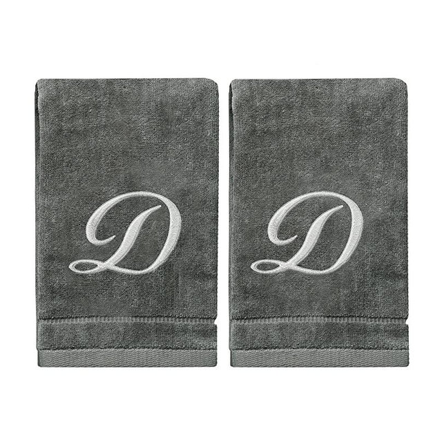 Monogrammed Towels Fingertip, Personalized Gift, 11 x 18 Inches - Set of 2- Silver Embroidered Towel - Extra Absorbent 100% Cotton- Soft Velour Finish - for Bathroom/ Kitchen/ Spa- Initial D (Gray)