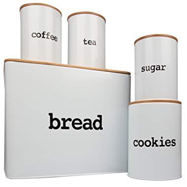 Bread Box (Extra Large) and 4 Piece Kitchen Canister Set w Bread Cutting Board- Deluxe Food Storage Containers with Air Tight Bamboo Lids