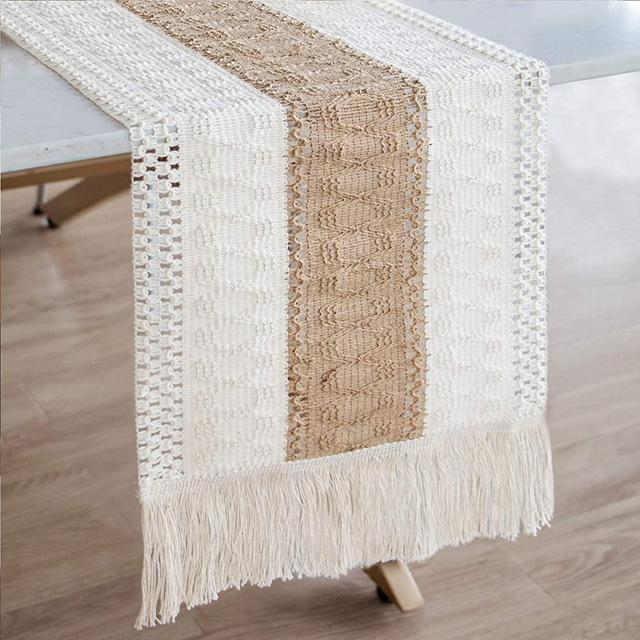 OurWarm Splicing Burlap Table Runner Farmhouse Style, Boho Table Runner Modern Farmhouse Decor Rustic Woven Cotton Crochet Lace for Bohemian, Rustic, Wedding, Bridal Shower, Dinner, 108 inch