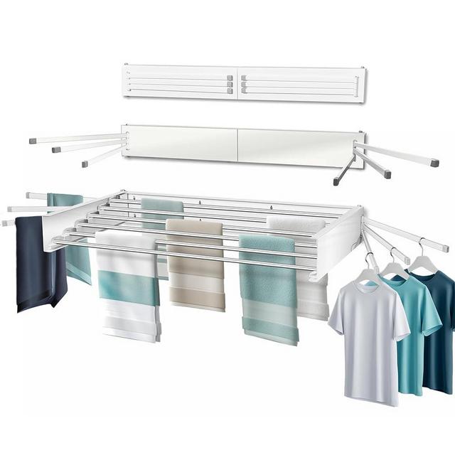MODERN-X Wall Mounted Clothes Drying Rack with 6 Swivel arms, 35”Wide, 26 Linear ft of Laundry Drying Rack Space, 6 Collapsible Aluminum rods, 2X Drying Capacity, Space Organizer Holds up to 60lbs