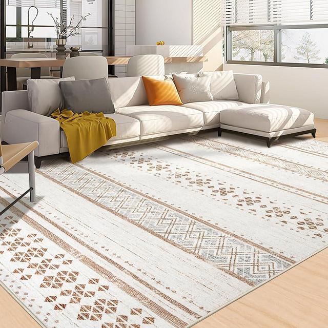 BESTSWEETIE Rug, 8x10, Faux Wool, Cream/Brown, Low Pile, Machine Made, Non-Slip, Washable, Geometric, Area Rug for Living Room, Farmhouse Style