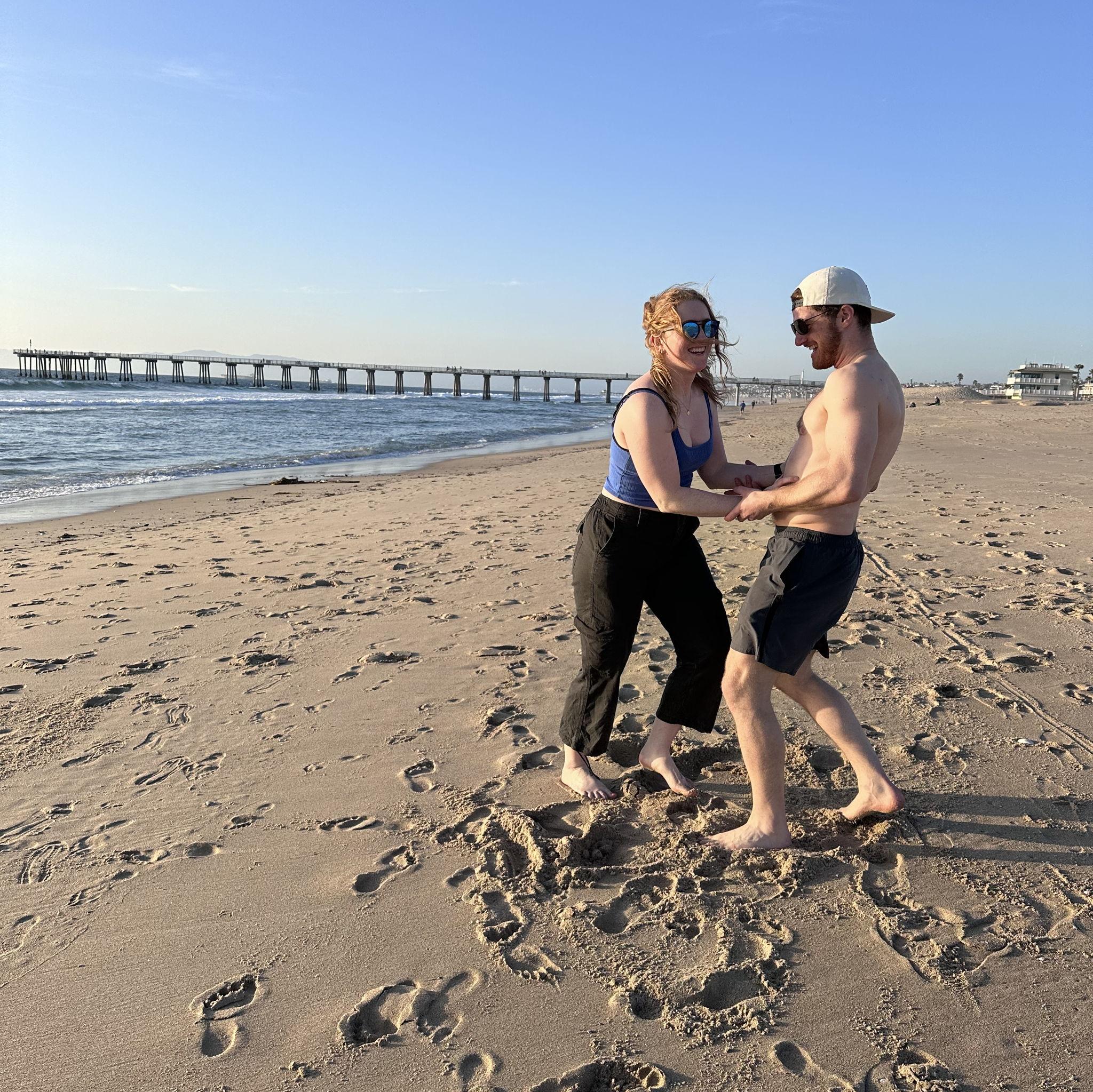 California trip in February 2024. We visited Spencer (best man) in LA, cousins Zeal and Cat in Hermosa Beach (pictured), Jamey (officiant) in SLO, and Adam (groomsman) in San Francisco.