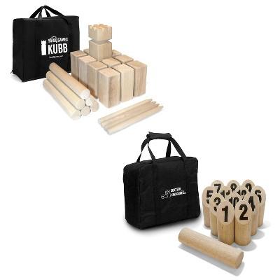 YardGames Outdoor Backyard Regulation Size Kubb Hardwood Kids Tossing Game Set Bundle w/ Hardwood Outdoor Scatter Toss Target Lawn Game Skittles Set