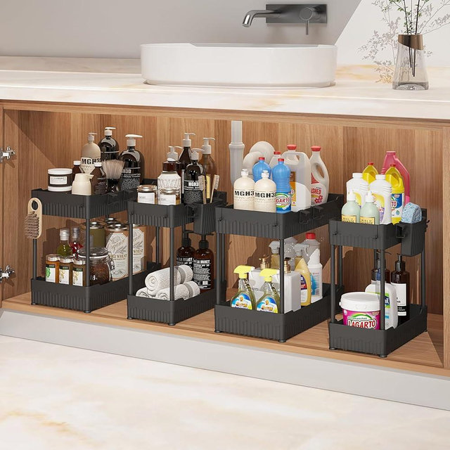 Sevenblue 4 Pack Under Sink Organizers and Storage,Under Bathroom Cabinet Organizer with Hooks Hanging Cup,Multi-Purpose Storage Shelf for Kitchen Bathroom,Black (4 Pack Black)