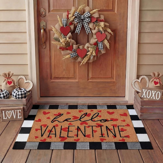 Tinideya 2 Pcs Valentine Door Mat Hello February 14th Welcome Non Slip Coir Mats Red Heart Black and White Plaid Floor Layering Doormats Seasonal for Front Porch Entryway Decor(Valentine)