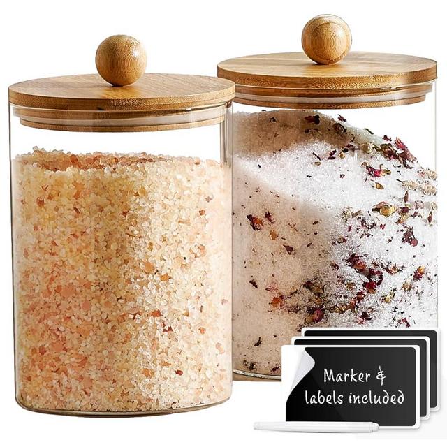 Large Glass Canister Set for Kitchen Counter with Airtight Bamboo Lids + Marker & Labels - Cookie Jars with Wooden Lid, Food Storage Containers for Pantry, Flour, Sugar, Pasta, Candy - Set of 2-68oz.
