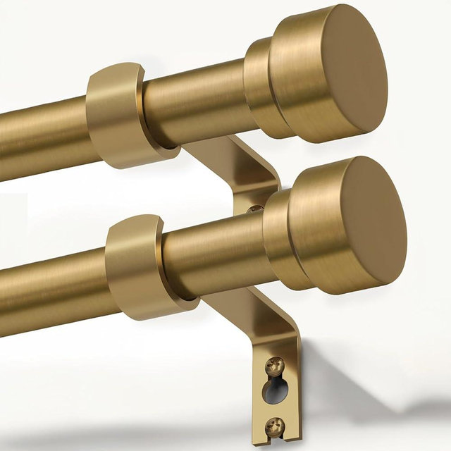 2 Pack Warm Gold Curtain Rods for Windows 48 to 84 Inches Adjustable Length Heavy Duty 1" Diameter Brass Window Curtain Rod with Solid Metal Finials for Outdoor Farmhouse Bedroom Kitchen Living Room