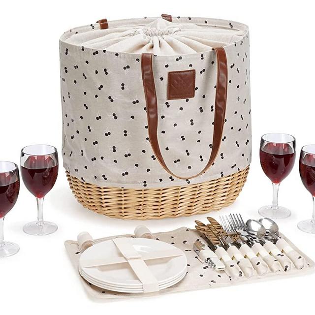 WILLOW WEAVE Willow Picnic Baskets Set for 4, Sturdy Woven Base & Linen Picnic Beach Tote Bag with Drawstring Closure, Insulated Lining & Durable Straps, for Outdoor Events, Shopping - Cherry