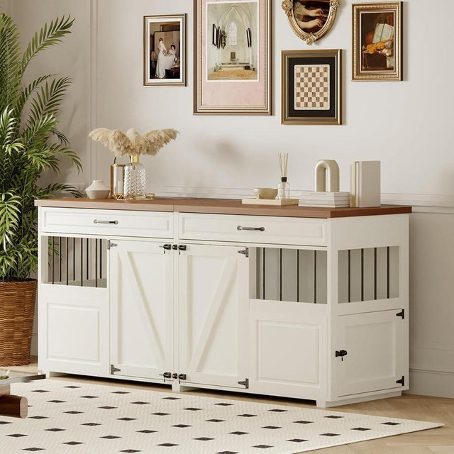 Dog Crate Furniture - Indoor Wood Dog Kennel Furniture 4 Doors with Divider and 2 Drawers - 72" L x 23.6" W x 33.5" H, White