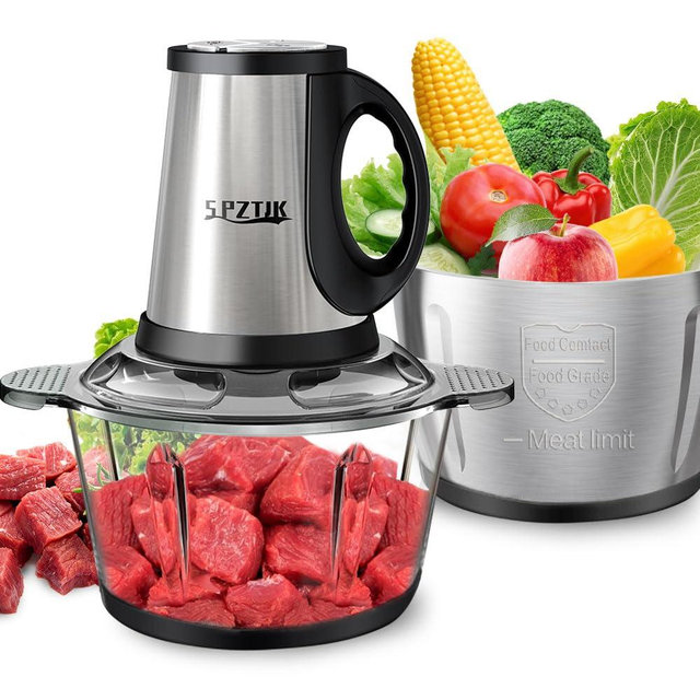 SPZTJK Food Processors, 3-Speed Electric Food Chopper with Vegetable Chopper & Meat Grinder - 2 Bowls (8 Cup Stainless Steel+8 Cup Glass), 300W, 2 Sets of 4 Bi-Level Blades for Vegetable/Fruits/Meat
